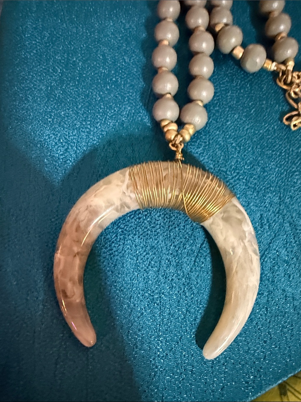 Beaded Necklace with Marbled Crescent Pendant in Beige and Gold